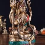 Brass Sitting Ardhanarishwara Statue | 9.5" x 6" x 3" | 4.5 kg | Stone Inlay Work | Shiva Parvati Divine Unity | Sacred Hindu Art | Jaipurio